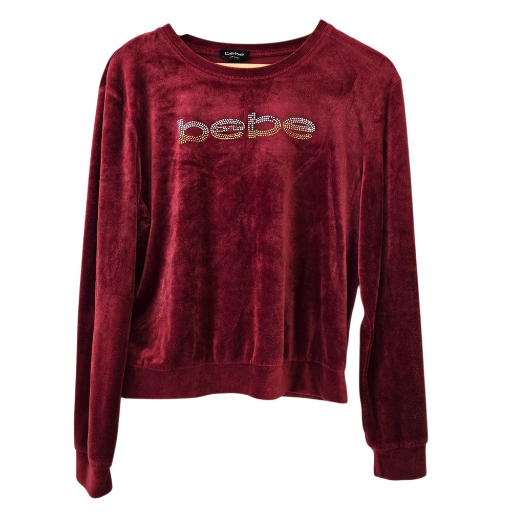 Bebe Velour Rhinestone Logo Top Womens M Burgundy Red Y2K Long Sleeve